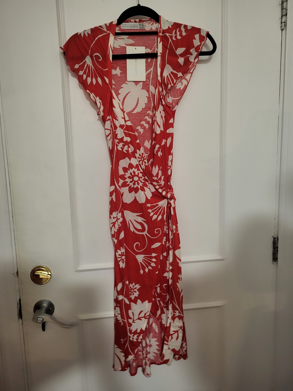 NWT Zara Red & White Floral Botanical Wrap Midi Dress - Size S